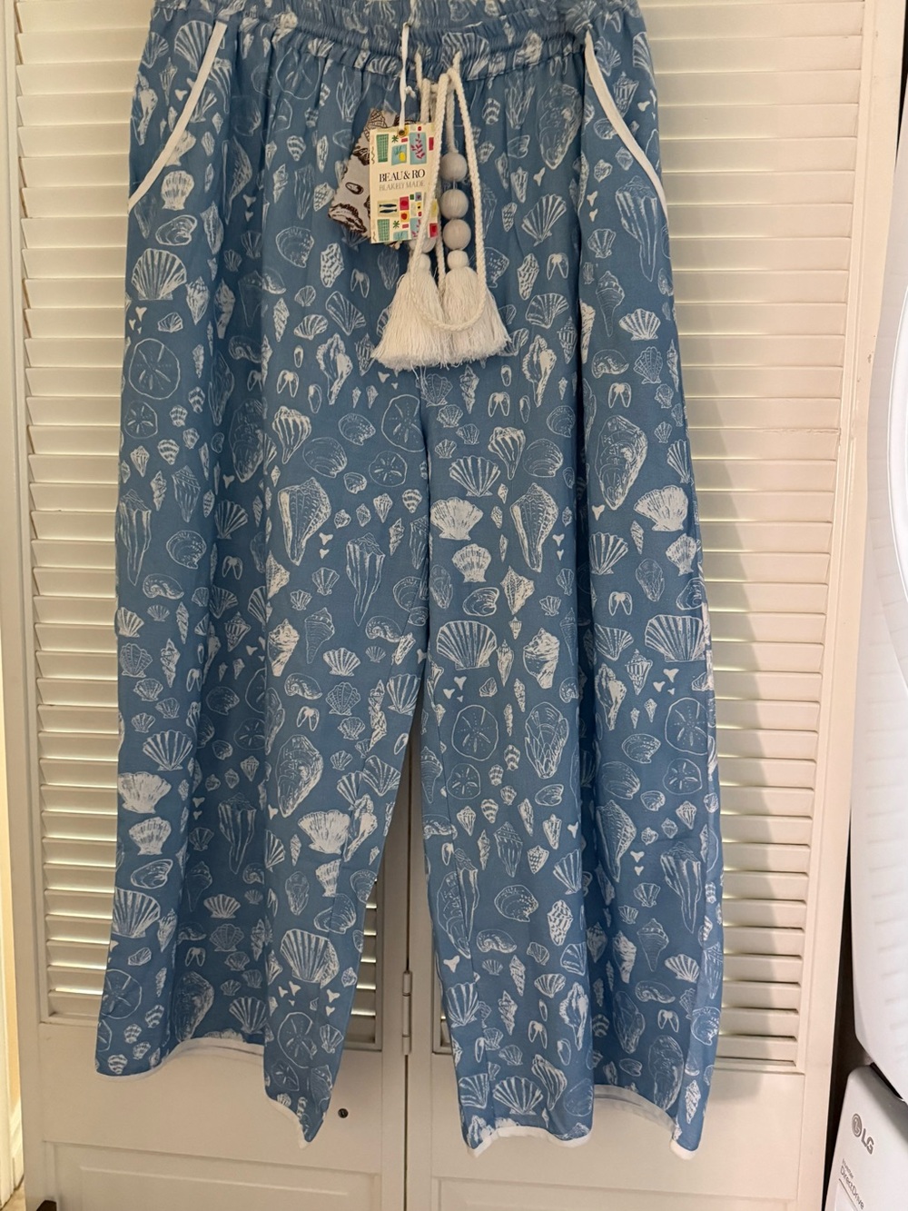 REDUCED BEACH PANTS NWT Beau and Ro (Blakey made) Light Blue Shell-Print Pants